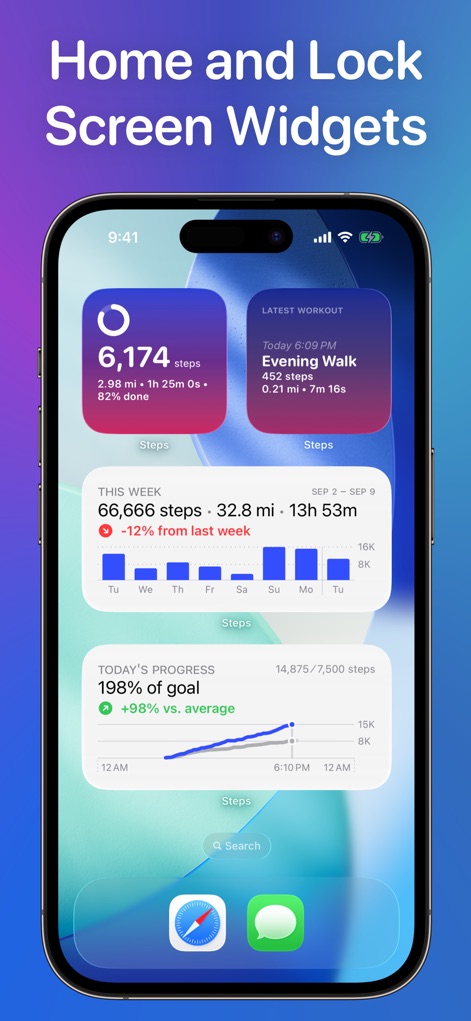 Steps - Activity Tracker - O aplicativo oferece 'widgets para a tela inicial', proporcionando acesso rápido a métricas como passos e progresso semanal, e um 'gráfico intuitivo' de sua meta diária.