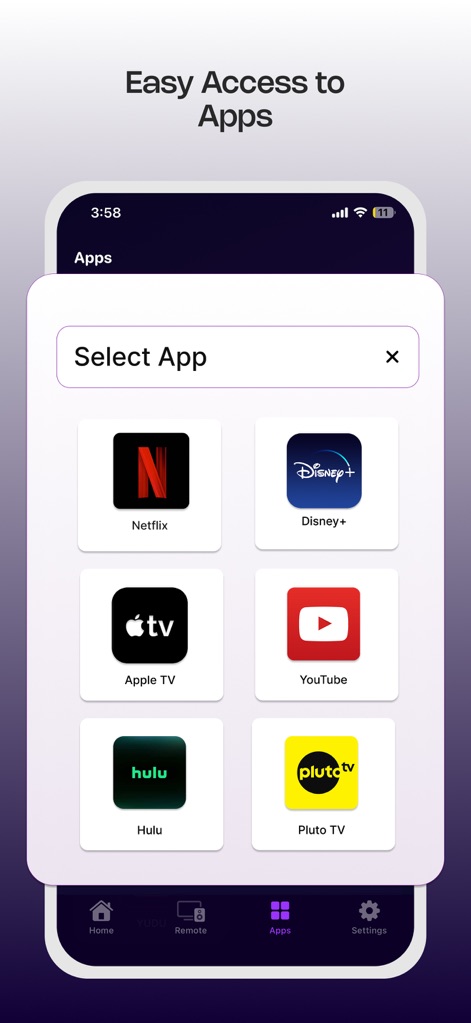 ONN TV Remote - Users gain instant access to their favorite streaming platforms through a convenient app launcher, featuring prominent icons for services like Netflix and YouTube, alongside a search bar for specific applications.