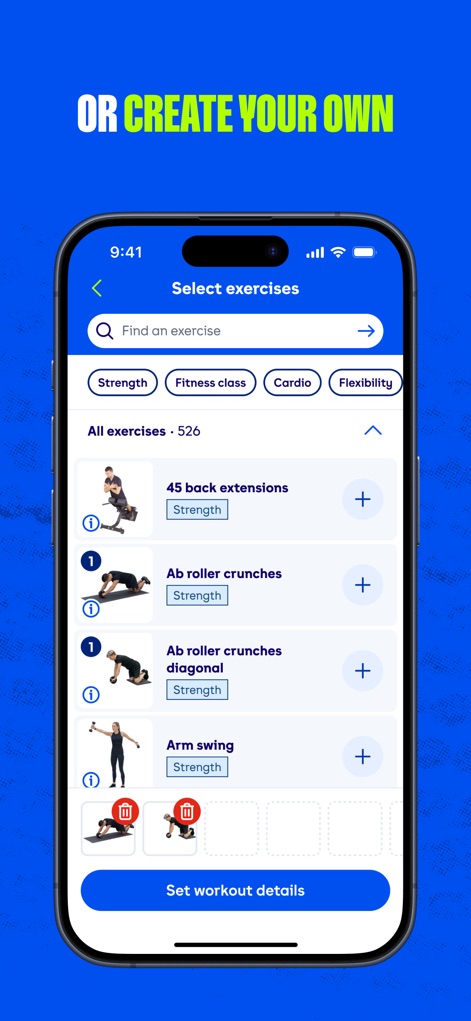The Gym Group - Users can construct personalized workouts using the "Find an exercise" search bar and selecting from the comprehensive "All exercises" library, categorized by type such as "Strength."