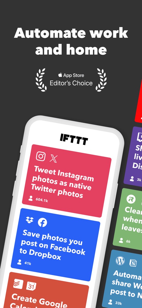 IFTTT - Automate work and home - La pantalla inicial de la aplicación destaca cómo los usuarios pueden "Automatizar el trabajo y el hogar", mostrando ejemplos de applets como la conversión de fotos de Instagram a publicaciones nativas de Twitter y la sincronización de imágenes de Facebook con Dropbox.