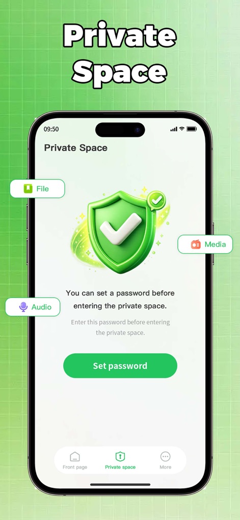 DuoChat：Clone Dual Account App - The 'Private Space' feature, highlighted by a prominent shield icon, allows users to secure sensitive files, media, and audio with an accessible 'Set password' option.