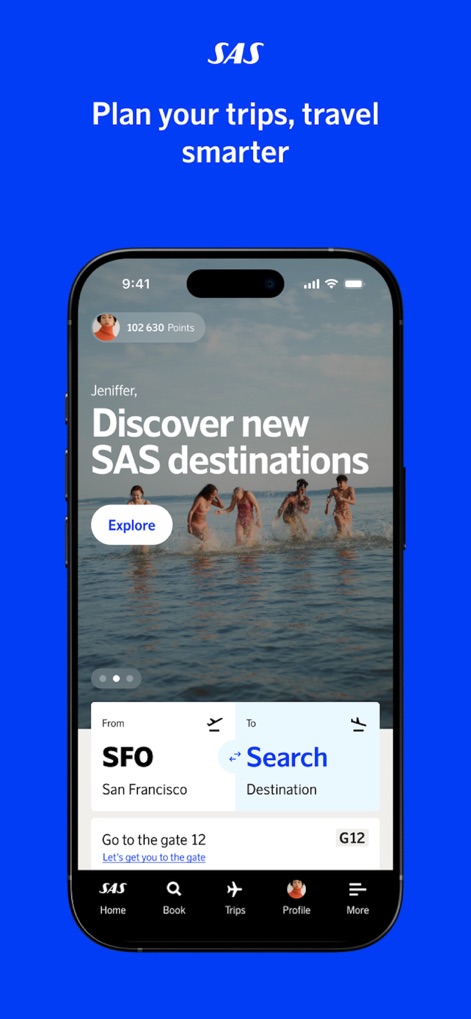 SAS – Scandinavian Airlines - Users can easily search for destinations using the prominent search bar and discover new places through the engaging image carousel on the home screen.