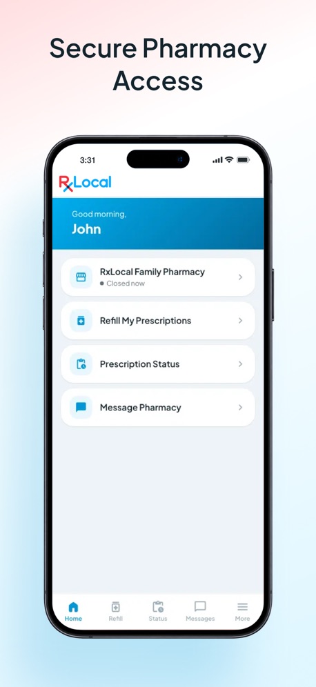 RxLocal App Store screenshot 3, headline “Secure Pharmacy Access”. Leads with trust.