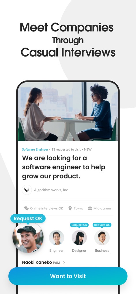 Wantedly - La plataforma permite a los candidatos conectar con las empresas mediante una solicitud de visita directa y facilita la interacción con miembros específicos del equipo, como se ve en las opciones 'Request OK'.