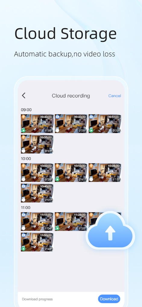 EseeCloud(IP Pro, VR Cam) - Die App listet alle Cloud-Aufzeichnungen chronologisch nach Stunden auf und präsentiert kleine Vorschaubilder für jeden Clip, was eine einfache Navigation und das Herunterladen der Videos ermöglicht.