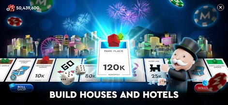 MONOPOLY Poker - Texas Holdem - La integración del juego de mesa permite a los jugadores construir casas y hoteles en propiedades clásicas como "Park Place", transformando las ganancias del póker en progreso de bienes raíces.