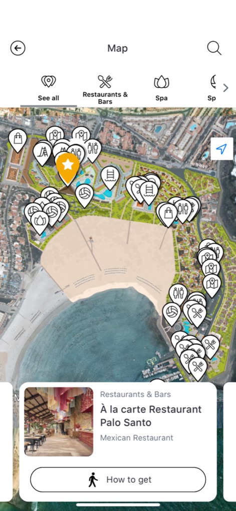 Barceló Hotel Group - Die App stellt einen detaillierten digitalen Resort-Plan zur Verfügung, der interaktive Points of Interest anzeigt und eine Vorschau auf Einrichtungen wie Restaurants bietet.