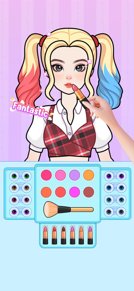 Paper Doll Diary: Dress Up DIY - La aplicación permite una personalización detallada del maquillaje, donde los usuarios pueden aplicar labiales de diversas tonalidades y elegir entre una amplia paleta de colores de ojos para su muñeca.