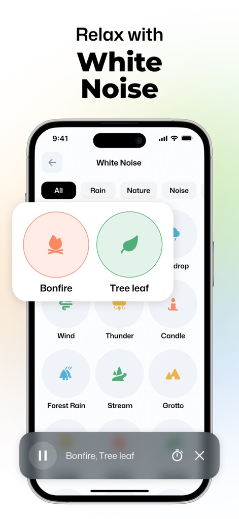 Wellance – AI Health & Balance - Explore the 'White Noise' section, providing a selection of ambient sounds such as 'Bonfire' and 'Tree leaf' to enhance relaxation and focus.