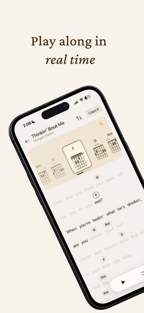 Strum - Play Guitar - This view highlights the app's capability to display real-time chord progressions aligned with lyrics and provides interactive chord diagrams for immediate reference.