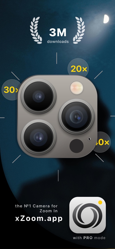 xZoom Cam - PRO Camera - This graphic prominently displays the app's "3M downloads" achievement and emphasizes its core "Zoom In" functionality, illustrating the tool's wide adoption and primary strength.