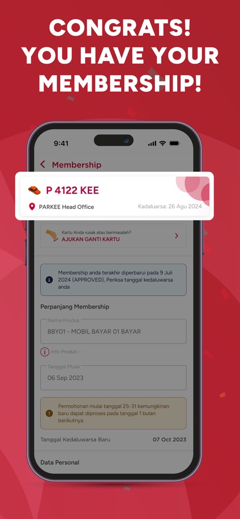 PARKEE - A successful membership is clearly displayed, showing the registered vehicle plate number and providing an intuitive option for future membership renewal.