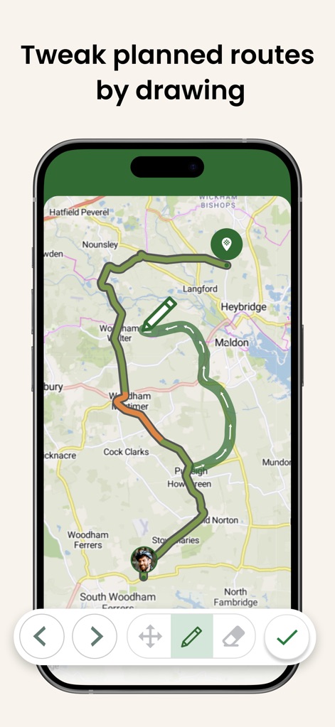 Cyclers: Bike Route Planner - Los usuarios pueden ajustar las rutas planificadas con precisión mediante herramientas de edición táctil y visualizar la ruta modificada manualmente.