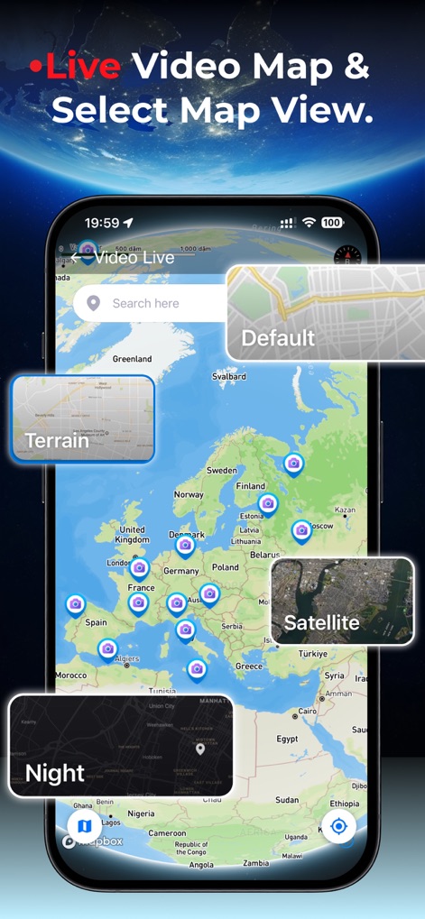 TerraCam: GPS Satellite - La aplicación ofrece una vista detallada del mapa con numerosos iconos de cámara que señalan transmisiones de video en vivo, mientras que los usuarios pueden personalizar su experiencia visual eligiendo entre diversas opciones de vista de mapa, como "Satellite" o "Night".