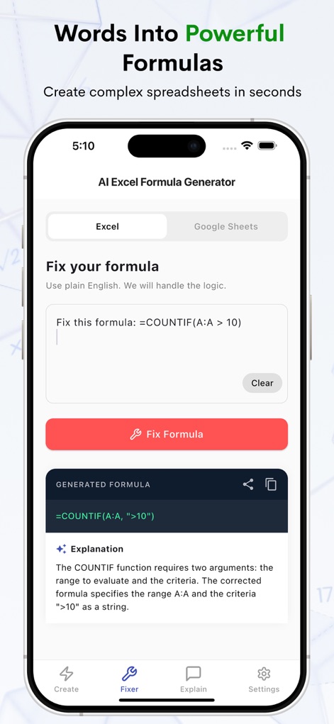 AI Excel Formula Generator - Finance App | MWM