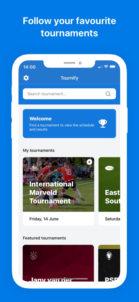 Tournify - Users can swiftly find tournaments using the prominent search bar and explore personalized options under the "My tournaments" section.
