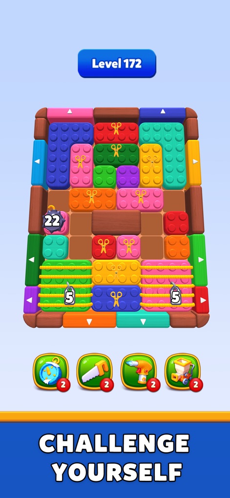 Color Block Run - Puzzle Game - El juego introduce elementos complejos como bloques con tijeras y piezas numeradas, exigiendo a los jugadores adaptar sus tácticas para superar cada nivel.