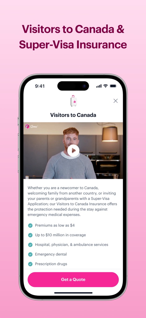 Goose Insurance - O aplicativo oferece um vídeo explicativo para seguros de Visitantes ao Canadá e exibe características importantes, incluindo "Premiums as low as $4" e cobertura de até "Up to $10 million in coverage", ideal para recém-chegados.