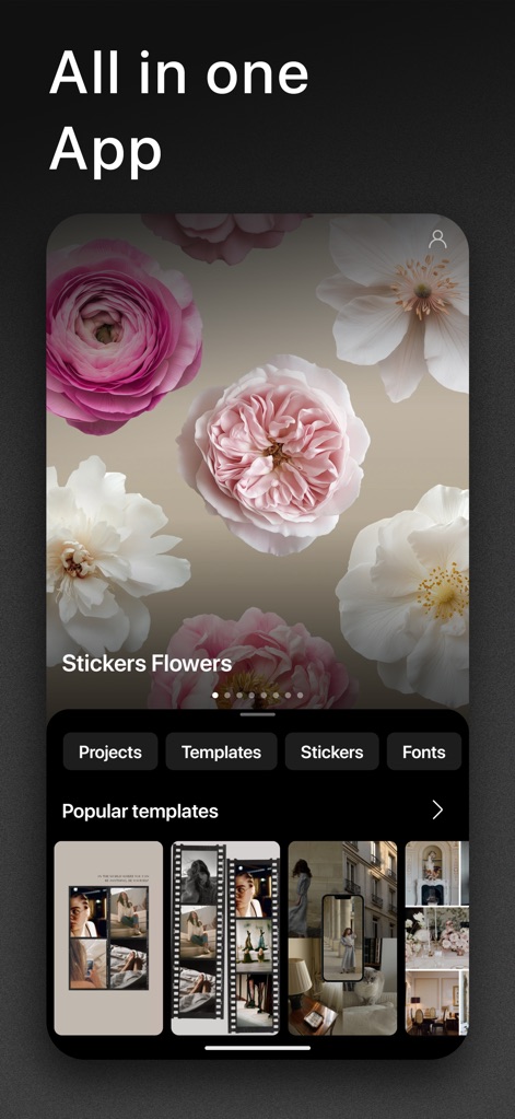 Graphionica: Story Maker - The app consolidates all essential editing features into one powerful interface, providing quick access to 'Popular templates' and a unified dashboard for 'Projects', 'Templates', 'Stickers', and 'Fonts'.
