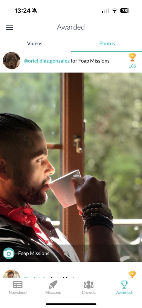 Foap - sell photos & videos - The 'Awarded' section highlights winning photos from creators, such as this striking image by @oriel.diaz.gonzalez, complete with attribution and the prize value.