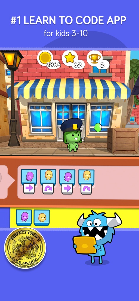 codeSpark - Coding for Kids - This screenshot highlights the intuitive drag-and-drop coding interface and the prestigious "Parent's Choice Gold Award" badge, underscoring the app's educational value and recognition.