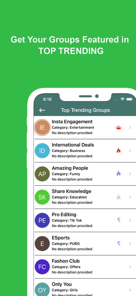 Active groups for WhatsApp - 「Top Trending Groups」セクションでは、ユーザーのグループが注目される機会が提供され、特定のグループ名に隣接する王冠や炎のようなエンゲージメントアイコンが視覚的な魅力を高めています。