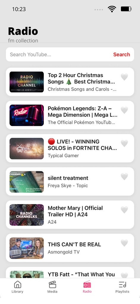 Tubidy FM : Music, Song Player - The app facilitates intuitive radio browsing with a prominent search bar for discovery and a clearly presented list of diverse radio programs, accessible from the bottom navigation bar.