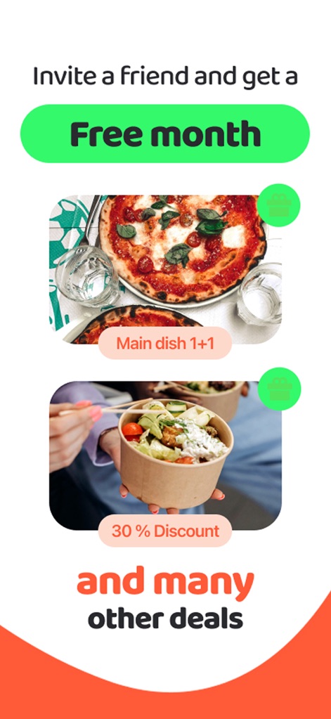 TasteTown - Esta seção ilustra os incentivos do aplicativo, como a oferta de 'um mês grátis' por convidar amigos e diversas promoções de comida, incluindo '30% de Desconto'.