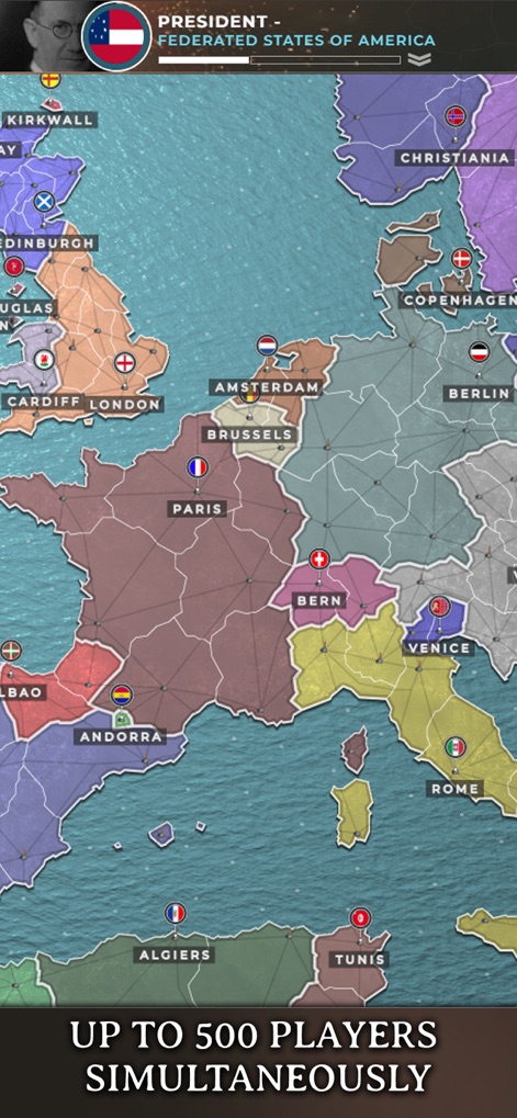 Supremacy 1914 - World War 1 - この壮大な地図は、ヨーロッパの広大な政治地図と、パリやベルリンなどの各国の首都と国旗を詳細に表示しており、大規模な多人数同時プレイの舞台を提示します。