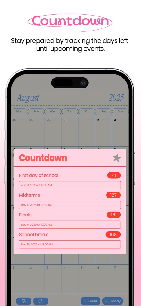 Folderly - Academic Organizer - A ferramenta "Countdown" auxilia os estudantes a se prepararem, exibindo uma "lista de eventos futuros" como "Midterms" e "Finals" com a "contagem regressiva" de dias.