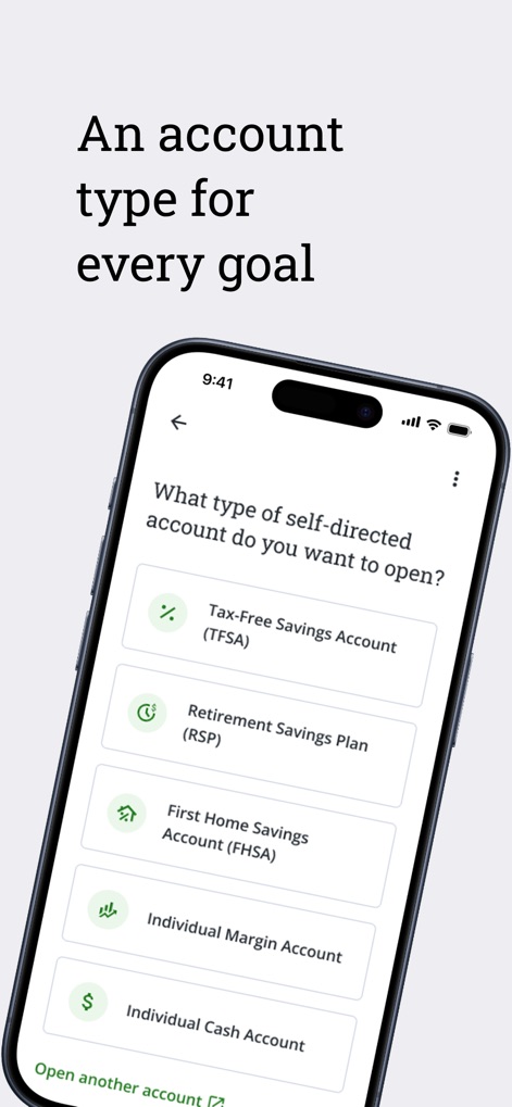 QuestMobile: Invest & Trade - Users can easily choose from various Canadian account types, including "Tax-Free Savings Account (TFSA)" and "Retirement Savings Plan (RSP)", to match their financial goals.