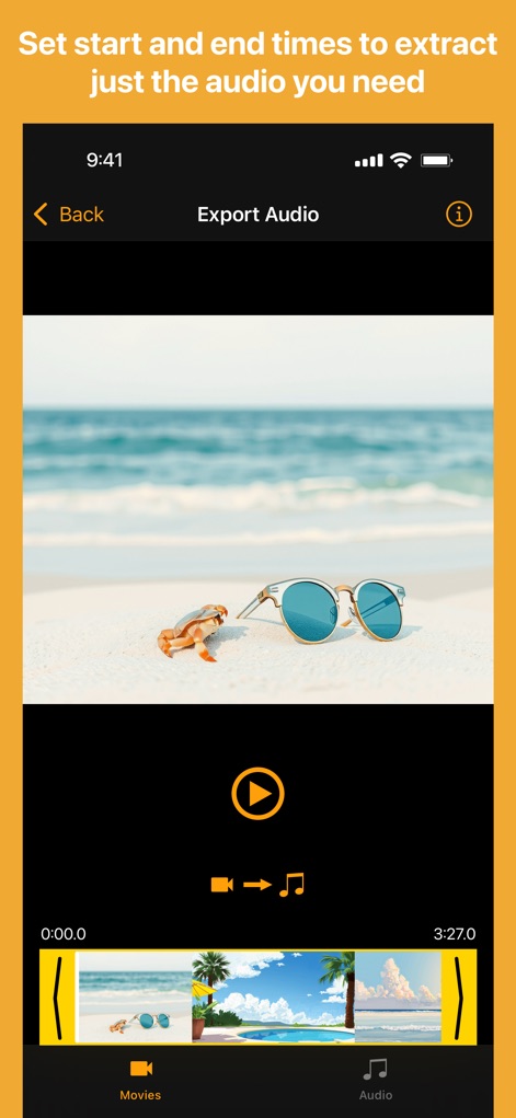 Export Audio - Dieses Tool erlaubt Nutzern, die gewünschte Audiospur durch präzises Setzen der Start- und Endzeitpunkte über die interaktive Zeitleiste zu definieren, unterstützt durch eine deutliche Videovorschau.