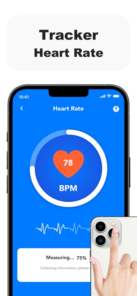 Blood Pressure - Health Pulse - La aplicación permite medir la frecuencia cardíaca usando el sensor de la cámara, como indica el valor "78 BPM" y la animación de "Measuring... 75%".