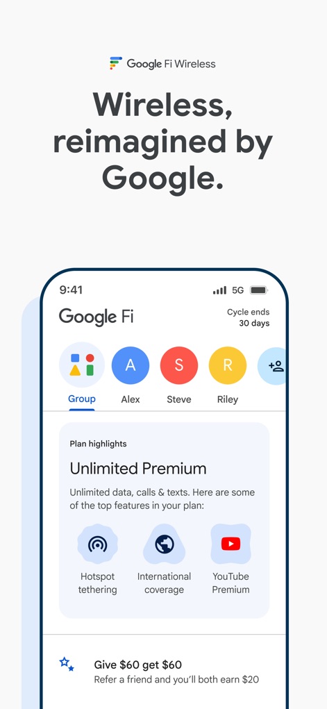 Google Fi Wireless - このアプリは、グループメンバーの管理と、ユーザーのGoogle Fiプラン（例えばUnlimited Premium）の主要な特典（ホットスポットテザリングや国際ローミング）を明確に表示します。