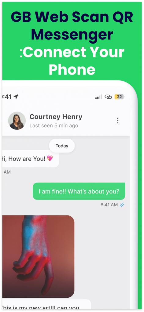 Gb Dual Messenger・Duo Web Chat - 本スクリーンショットは、画像を含む進行中のチャット会話と、「GB Web Scan QR Messenger : Connect Your Phone」という明確な指示により、QRコードスキャンを通じた簡単なデバイス連携機能を紹介しています。