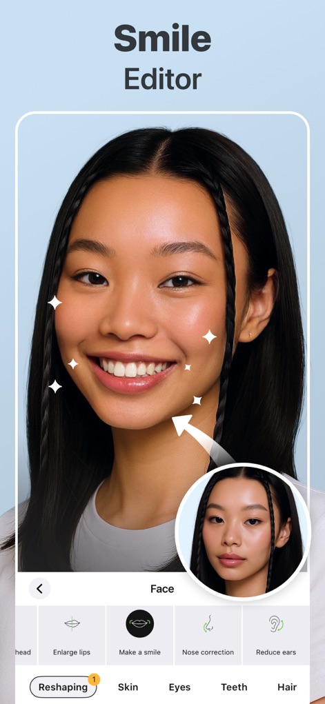 Retouch Me: Face, Body Editor - Dieser Editor zeigt die Fähigkeit, Zähne aufzuhellen und das gesamte Lächeln für ein strahlendes und selbstbewusstes Aussehen zu optimieren.