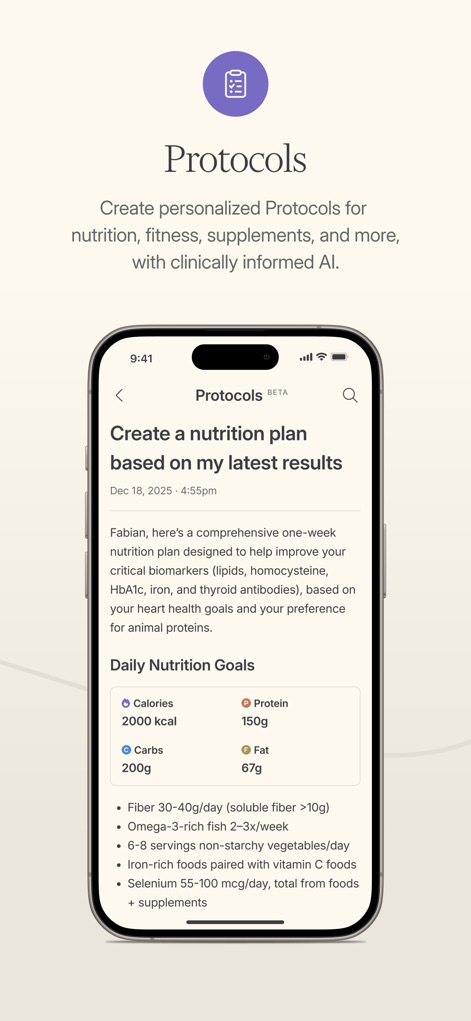 Function Health - Explore the app's dynamic Protocols feature, which generates tailored Daily Nutrition Goals and provides specific recommendations, such as incorporating Omega-3-rich fish, based on individual results.