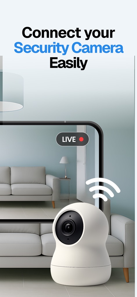 Home Security Camera - Visory - Esta tela demonstra a facilidade de conectar uma câmera de segurança externa, com o indicador 'LIVE' assegurando o streaming em tempo real do dispositivo externo.