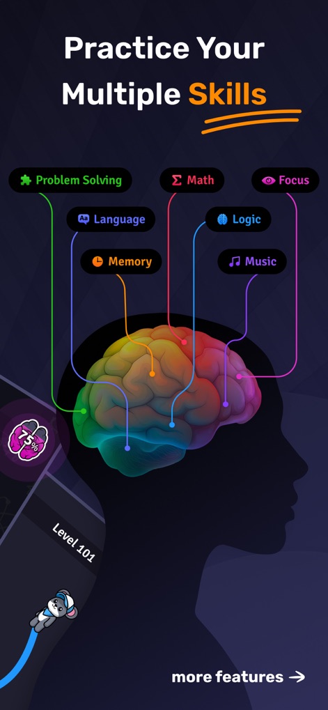 Clever: Brain Training Games - Users can visualize their cognitive training with a brain mapping interface highlighting 7 key skill categories and an animated progress indicator showing current level advancement.