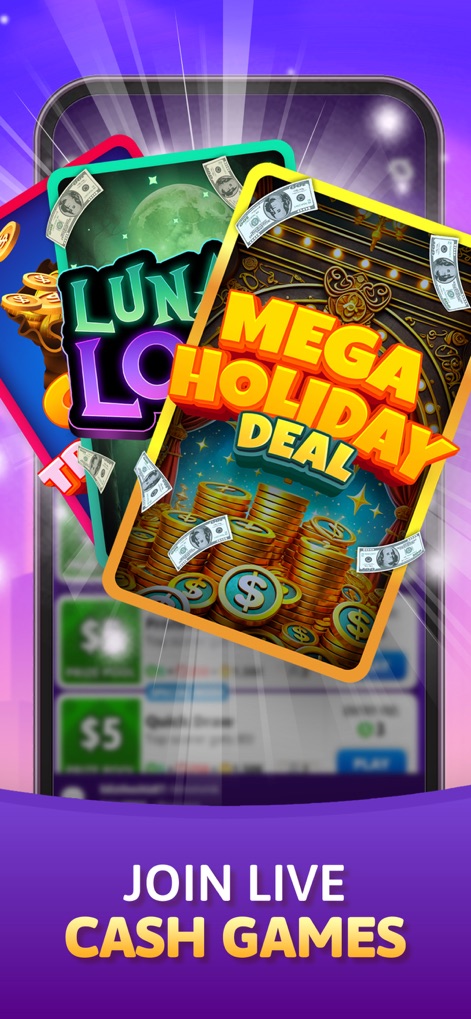 Solitaire Skillz - Win Cash - La aplicación ofrece eventos en vivo con diseños de cartas temáticos y ofertas como la "MEGA HOLIDAY DEAL", incentivando a los jugadores a unirse a los juegos de dinero en efectivo.