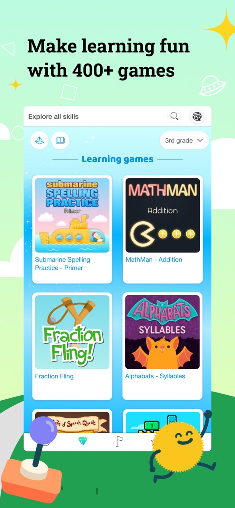 IXL - Math, English, & More - Esta seção apresenta uma variedade de jogos educativos, como "Submarine Spelling Practice" e "MathMan", que transformam o aprendizado em uma experiência divertida e interativa.