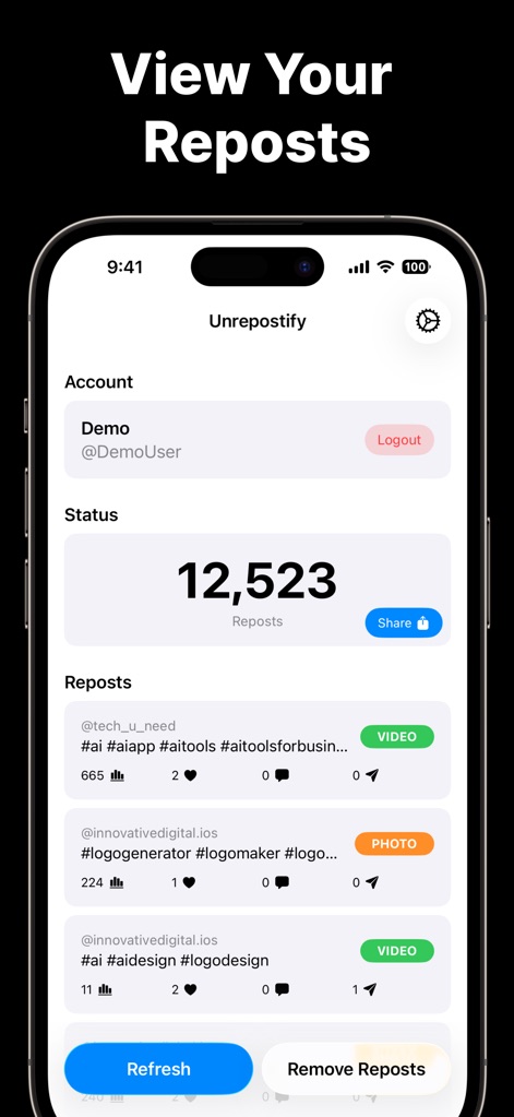 Unrepostify: Remove Reposts - The app presents a clear dashboard where users can view their total repost count and browse a detailed list of individual reposts, categorized by content type.