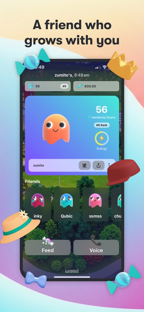 Zumi: Chat & Dress Up - Esta vista revela la capacidad de la aplicación para fomentar conexiones, mostrando una "lista de amigos" que el Zumi puede tener y su impacto en la "Puntuación de Amistad" global.