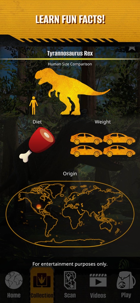 Jurassic World Play - Engaging educational content is presented through clear infographics showing a T-Rex size comparison and a world map pinpointing dinosaur origins.