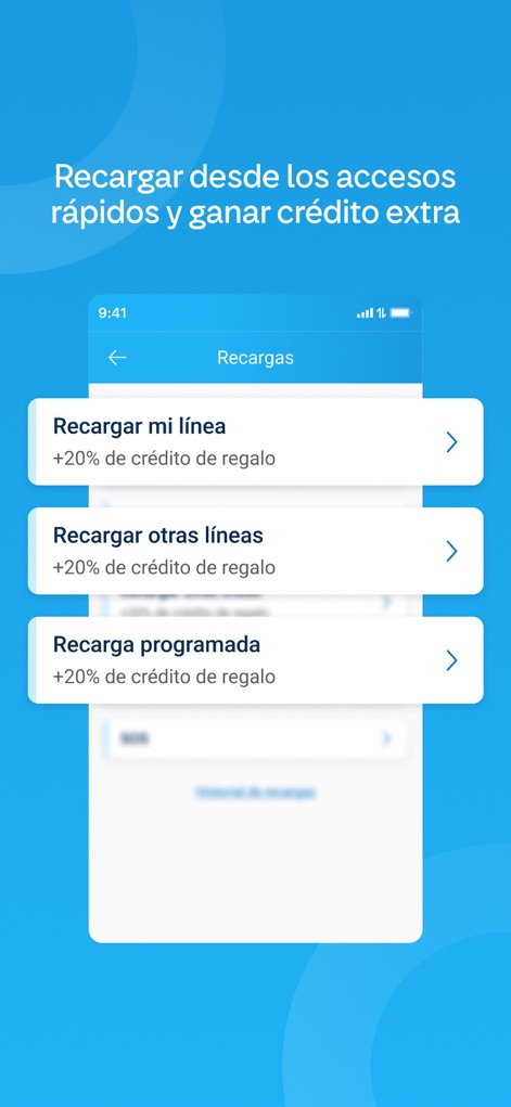 Mi Personal - Access convenient 'Recargar mi línea' and 'Recargar otras líneas' options, often accompanied by incentives like '+20% de crédito de regalo'.