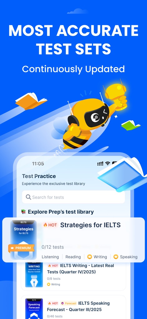 Prep-Smart learning& test prep - Gli utenti hanno accesso a una vasta libreria di test pratici, incluse 'Strategies for IELTS' e 'IELTS Writing - Latest Real Tests', per familiarizzare con diverse tipologie d'esame e argomenti.