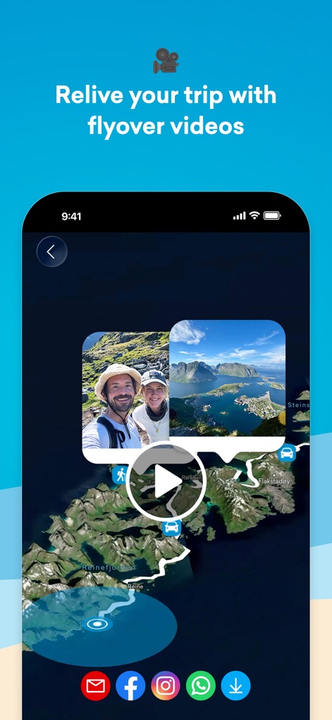 FindPenguins: Travel Tracker - This screenshot illustrates the dynamic generation of captivating 3D flyover videos from recorded routes and offers various social sharing options for users.