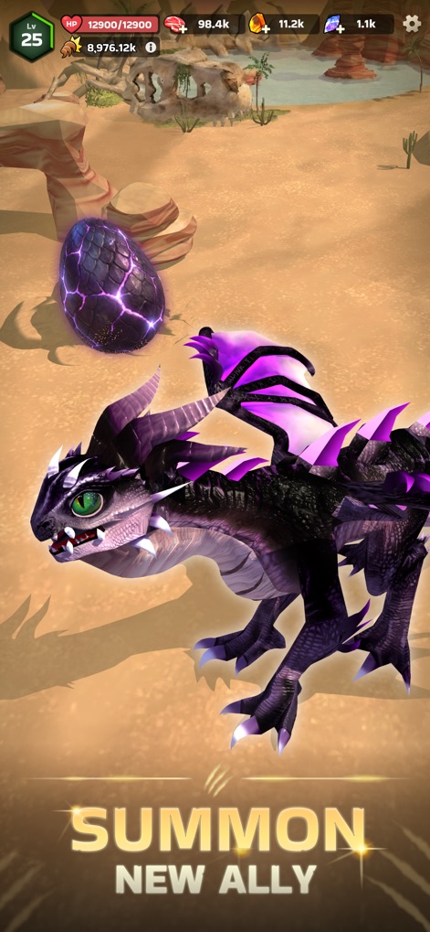 Dinosaur Universe - La interfaz muestra un majestuoso dinosaurio alado de tonos oscuros junto a un huevo misterioso con patrones de energía púrpura, indicando la invocación de nuevas criaturas.