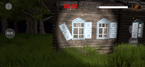 99 Nights in the Forest Horror - La escena capta un entorno nocturno con una casa de madera y elementos interactivos como los botones 'Run' y 'Flash Light', enfatizando la tensión del tiempo restante.