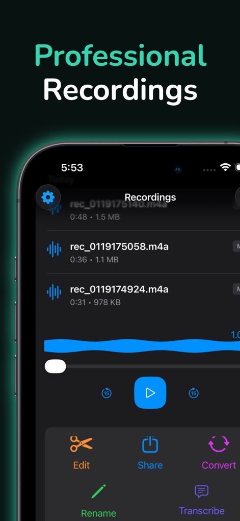 Mic to Speaker - Virtual Mic - The app provides a comprehensive overview of saved recordings, allowing users to effortlessly manage individual audio files and access powerful editing and sharing options.